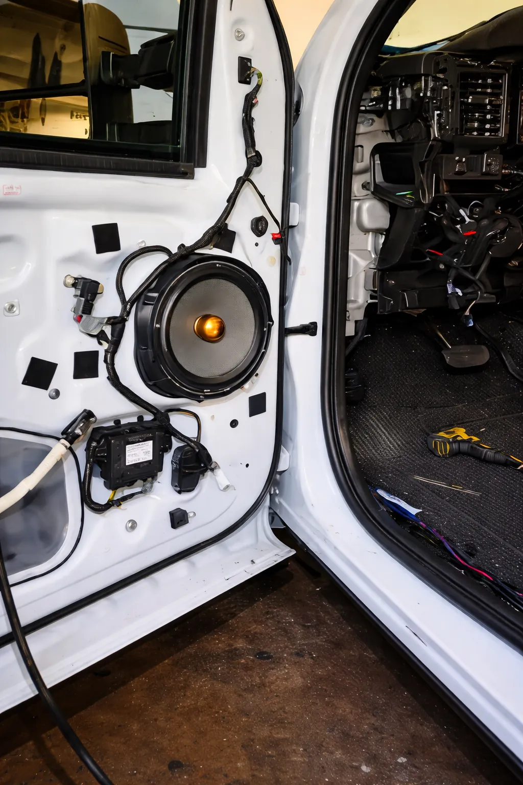 Professional car audio installation in Tacoma, WA, showcasing DSP tuning and speaker integration.